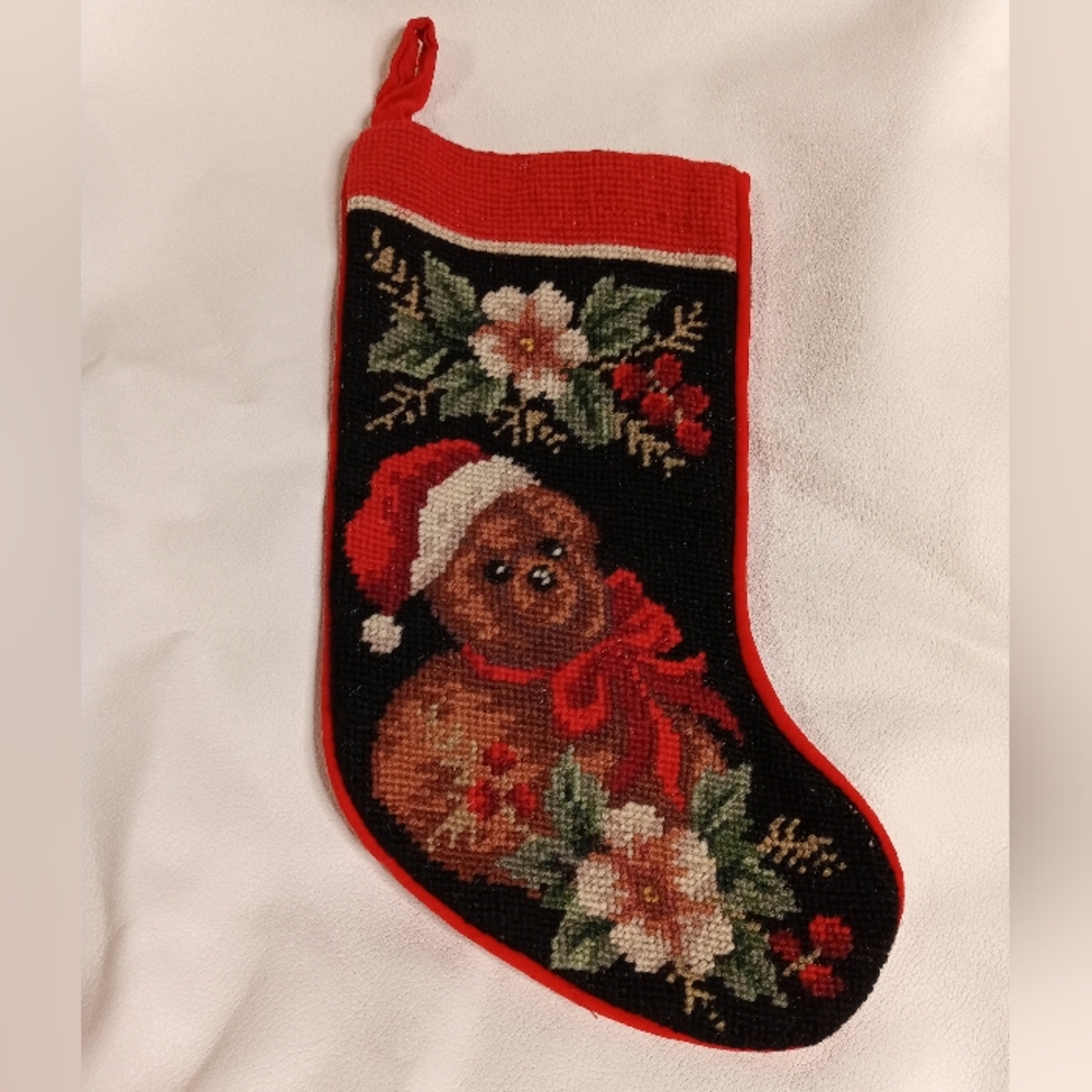 Vtg needle point teddy bear stocking